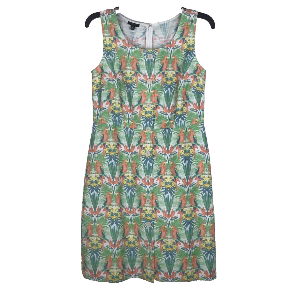 Talbots Petite Button Front Sheath Dress Parrot Print Sleeveless Green Cotton 4P